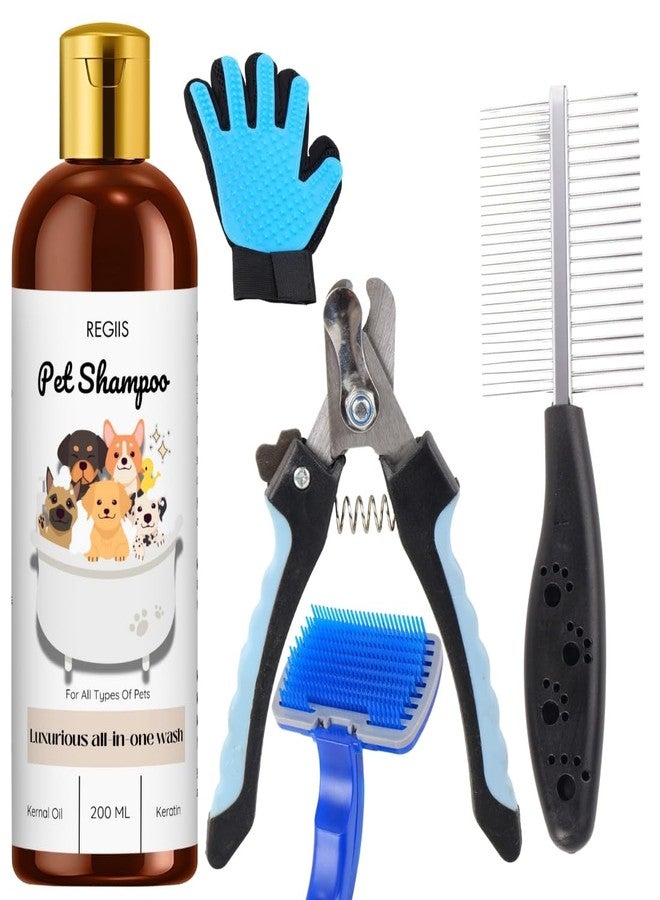 مجموعة ريجيس للعناية بالحيوانات الأليفة مع شامبو، غسول شامل 200 مل، مجموعة فاخرة للعناية بالكلاب مع قفاز لإزالة الشعر الزائد وفرشاة (عبوة من 5 قطع) - Image 1